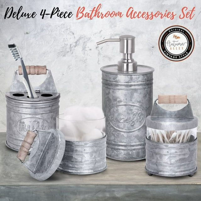 Autumn Alley Galvanized Rustic Farmhouse Bathroom Accessories Set – 4-PC Farmhouse Bathroom Set - Soap Dispenser - Rustic Toothbrush Holder - Cotton Canisters