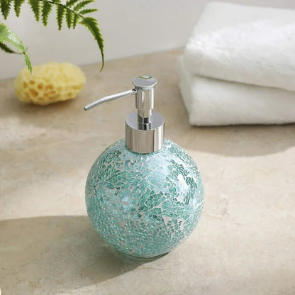 Glass Mosaic Hand Soap Dispenser-Lotion Bottle with Chrome Plated Plastic Pump-14 Ounce Set of 2 (Aqua)